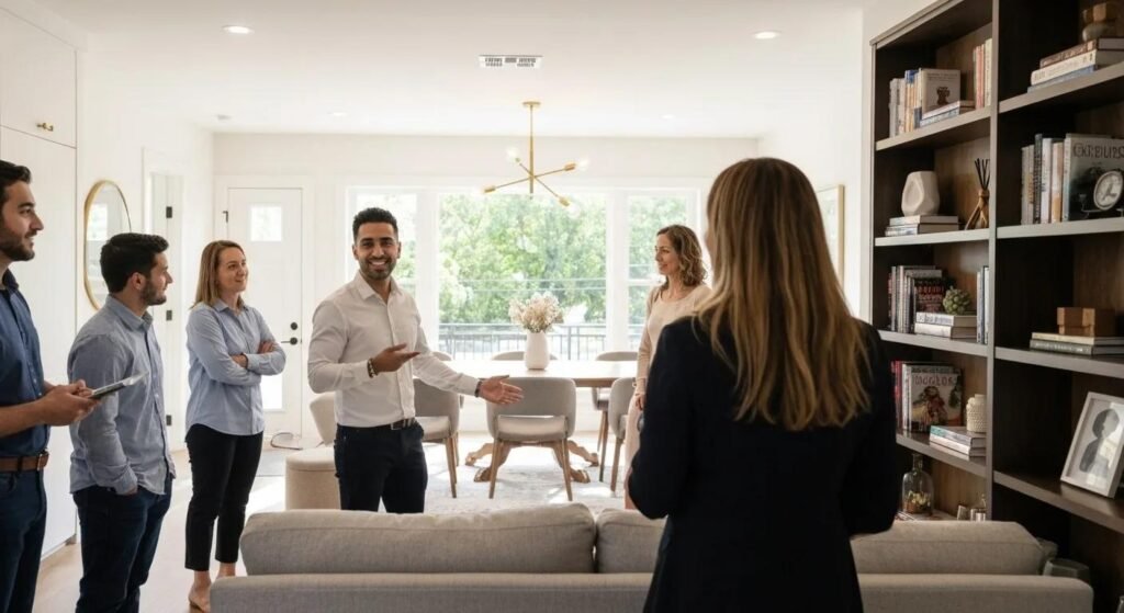 A real estate agent proudly showing a beautifully staged home to interested buyers during an open house event