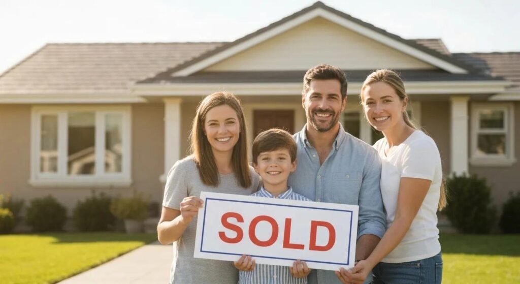 Happy family celebrating a quick cash home sale in front of their new house