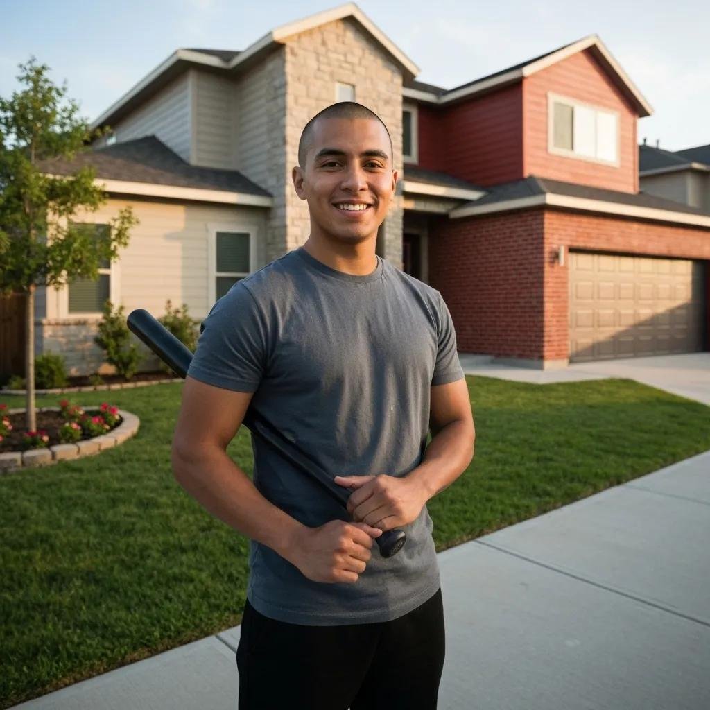 Smiling young man holding a baseball bat in front of a suburban home with a well-maintained lawn and flower beds, representing community and homeownership.