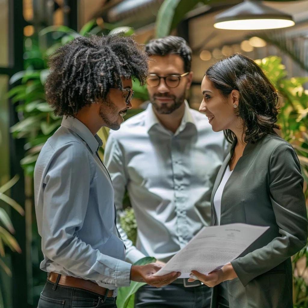 A real estate professional explaining the cash offer process to a homeowner in a modern office setting