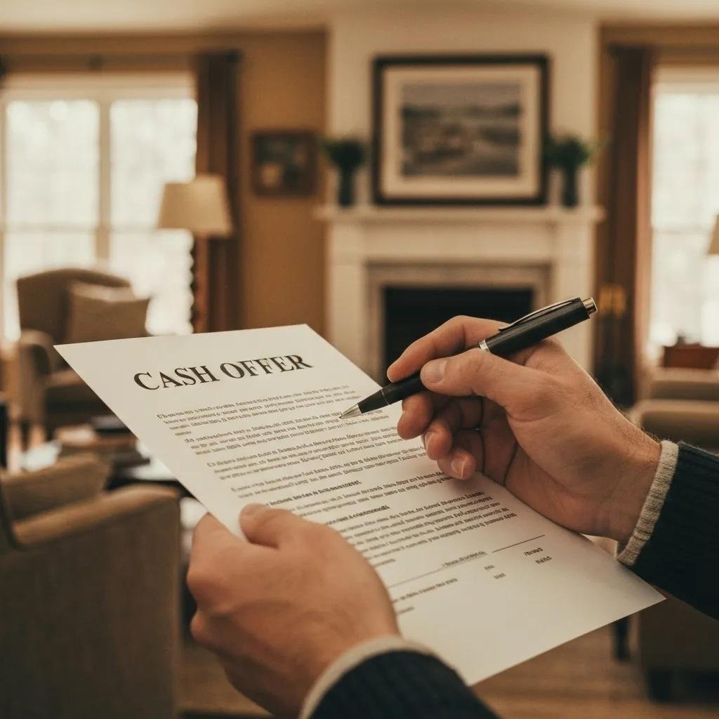 Hands holding a cash offer document in a cozy living room setting, highlighting the cash home selling process and quick transactions.