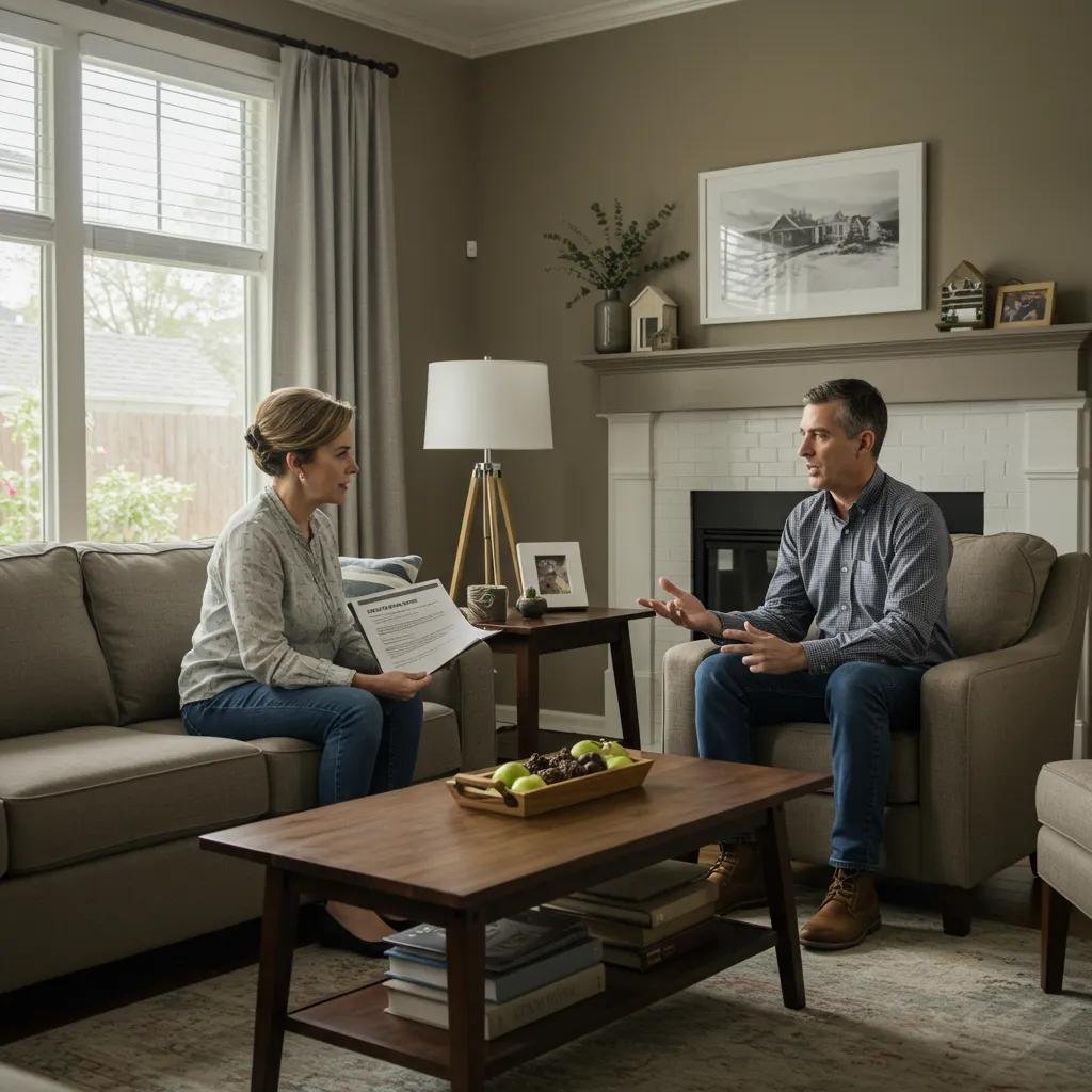 Homeowner discussing cash offer with a buyer in a cozy living room