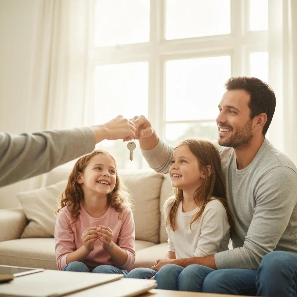 Family receiving house keys from a cash buyer, celebrating the sale process, highlighting quick home selling benefits.