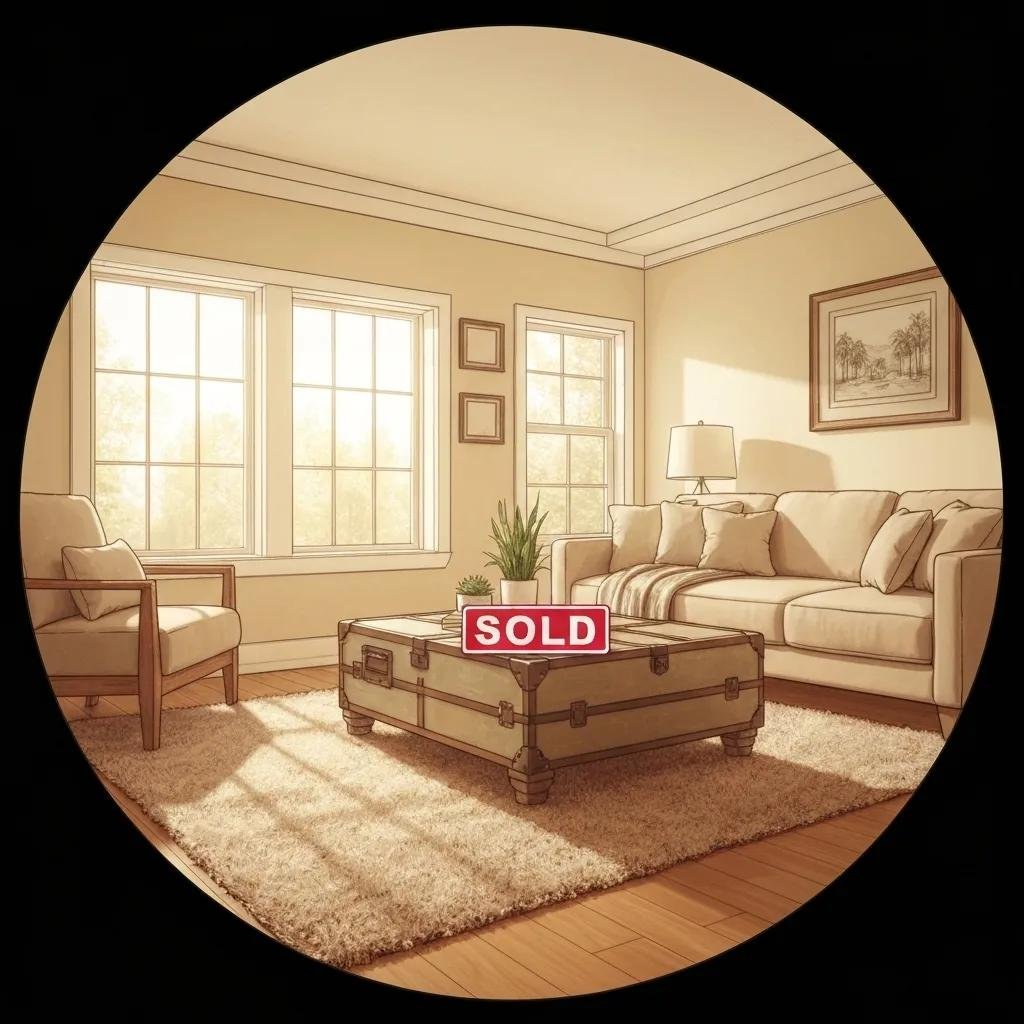 Cozy living room with a "SOLD" sign on a coffee table, emphasizing the ease of selling a home quickly for cash.