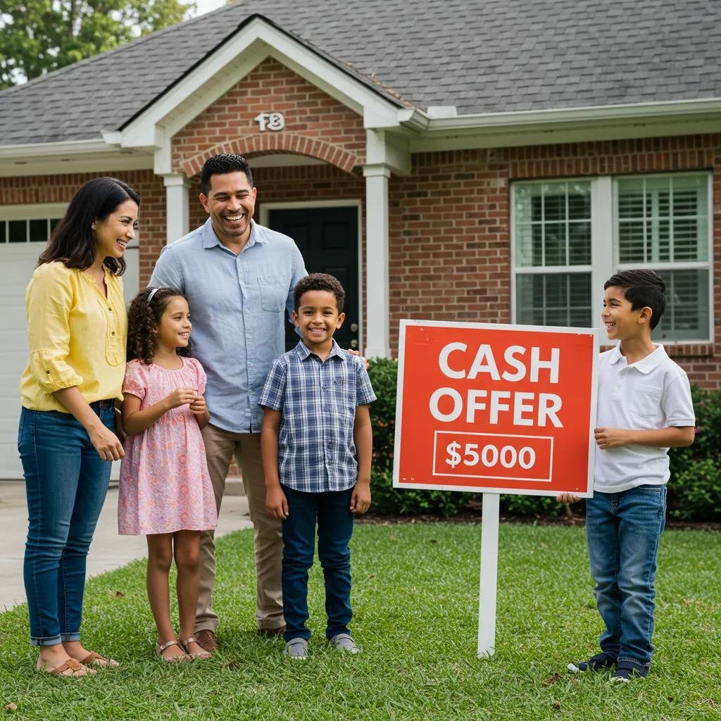 Happy family celebrating in front of their sold house, representing quick cash offers for home sales