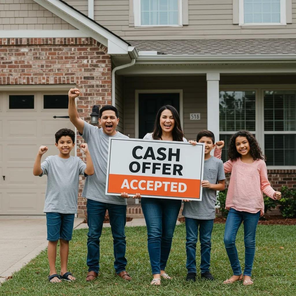 Happy family celebrating in front of their sold house, symbolizing a successful cash offer