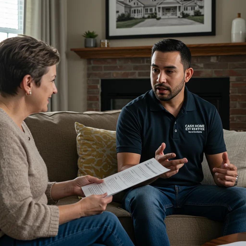 A professional cash home buyer in a friendly discussion with a homeowner about their services.