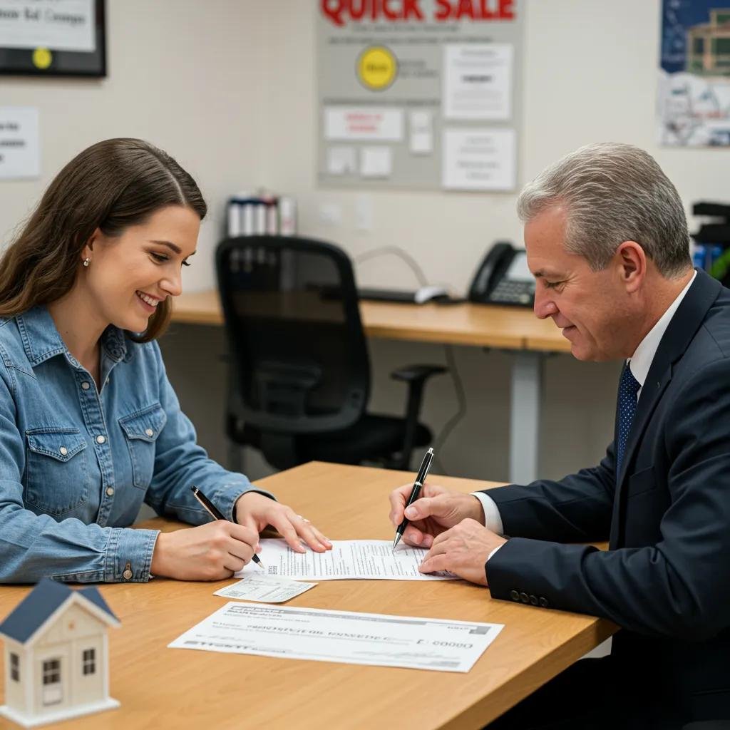 A homeowner signing closing documents at a title company during a quick sale process.
