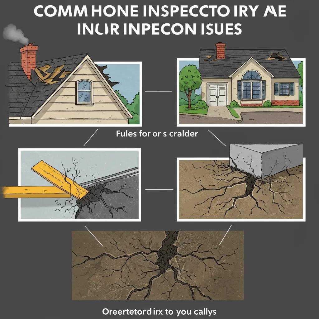 Illustration of common home inspection issues, including roof damage and foundation cracks