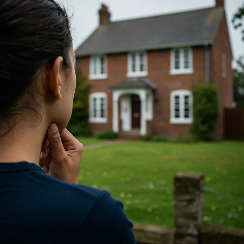 A person thoughtfully looking at an inherited family home, highlighting the emotional aspect of selling a property quickly.