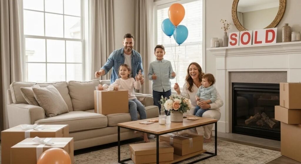 Happy family in front of their new home celebrating a quick sale with a 'Sold' sign