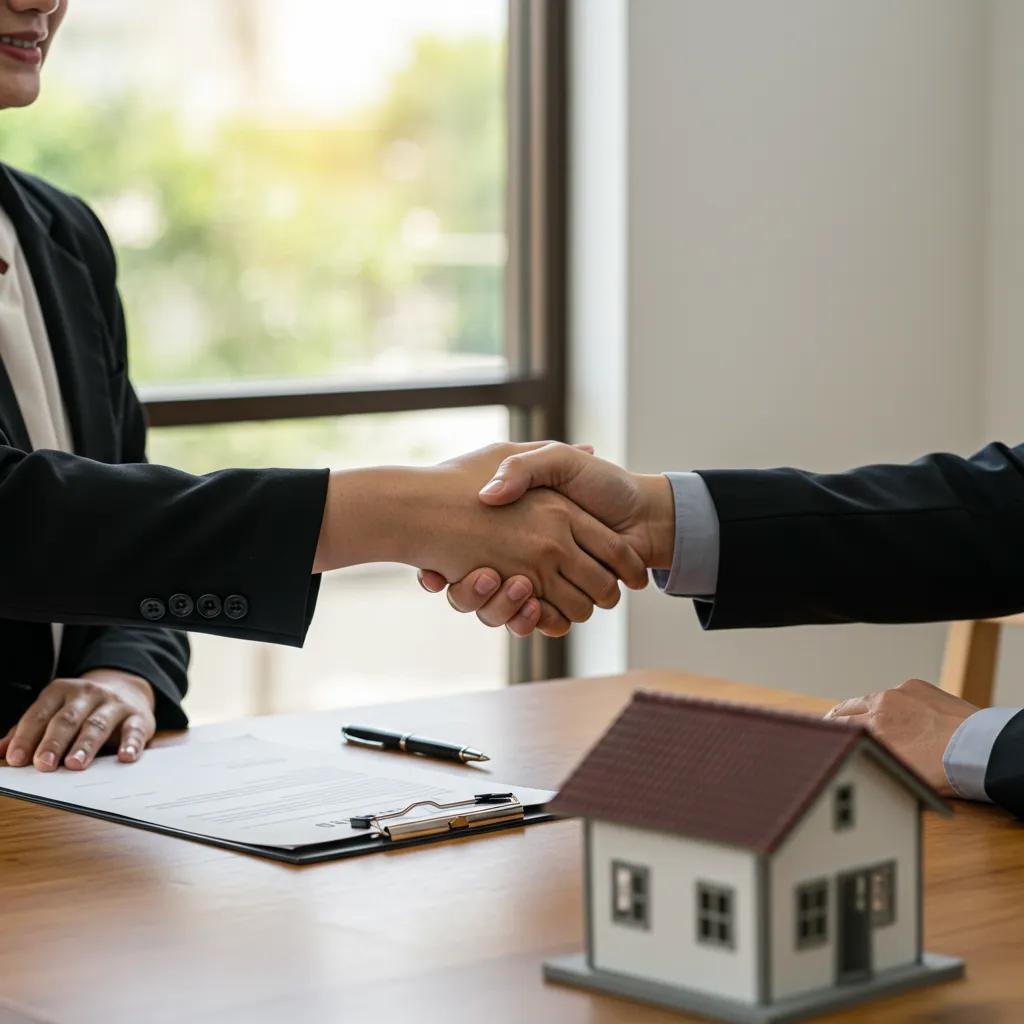 A homeowner and a cash buyer shaking hands in a professional setting, illustrating the advantages of a cash sale.