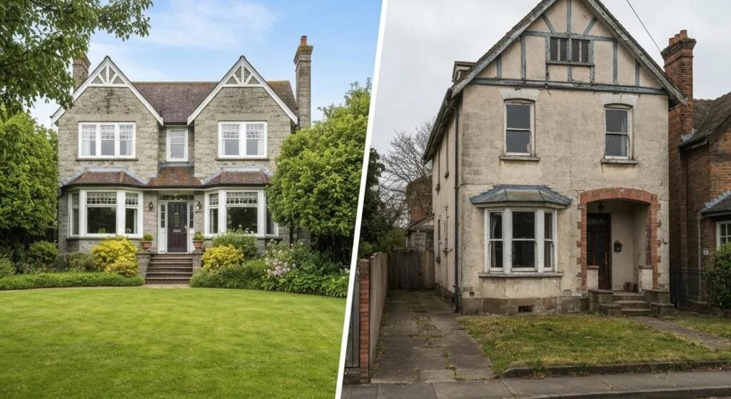 Side-by-side comparison of a well-kept house and a property needing significant work, illustrating how condition impacts home value