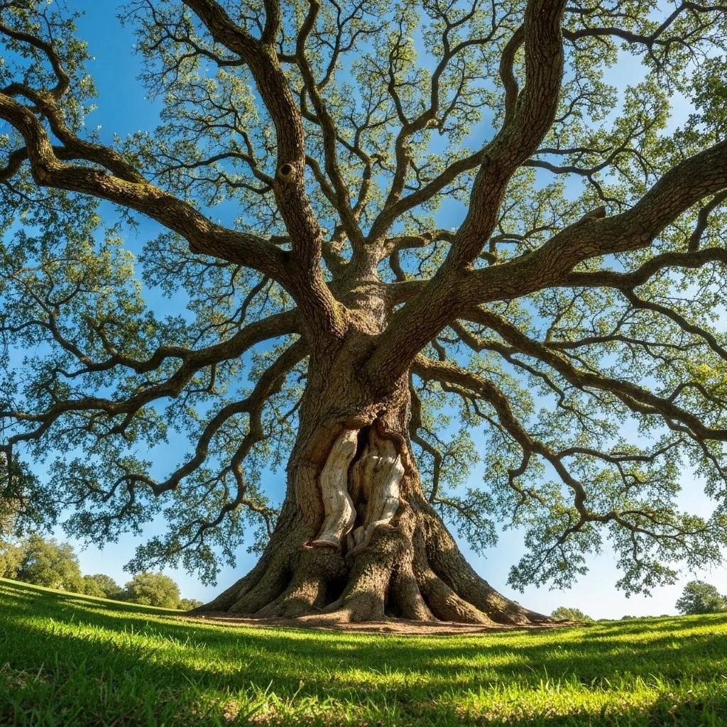 Majestic oak tree with sprawling branches and lush green leaves under a clear blue sky, symbolizing stability and growth in the context of home selling.