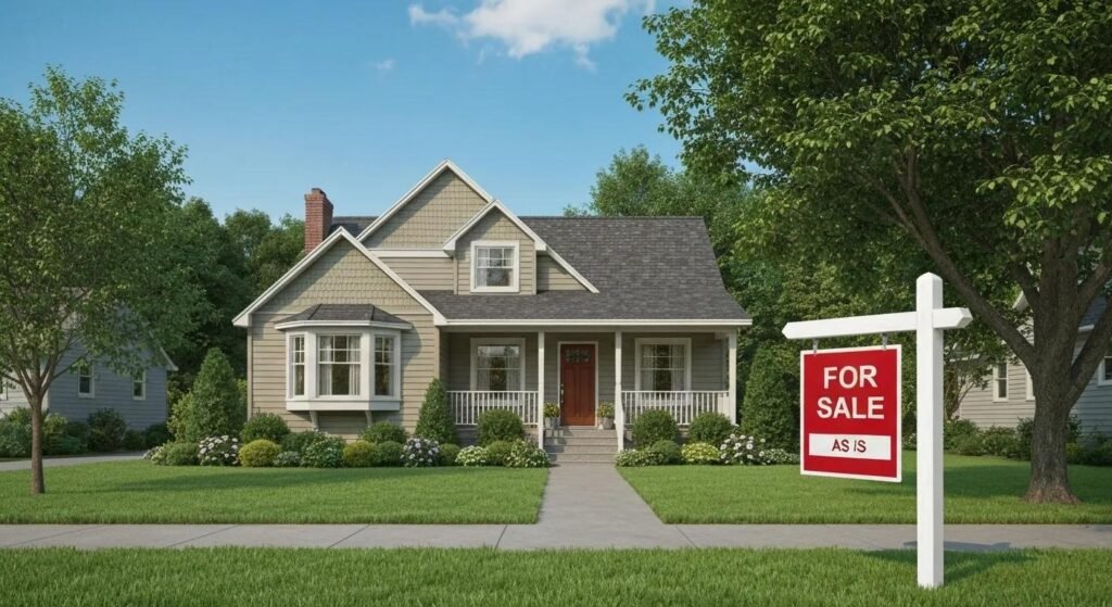 Cozy house for sale with a sign in front, representing the concept of selling homes as-is