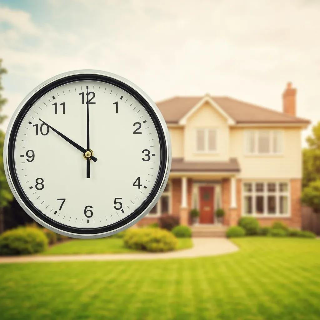 Clock showing 10:10 in foreground with a house in the background, symbolizing quick home sales and streamlined transactions for cash buyers.