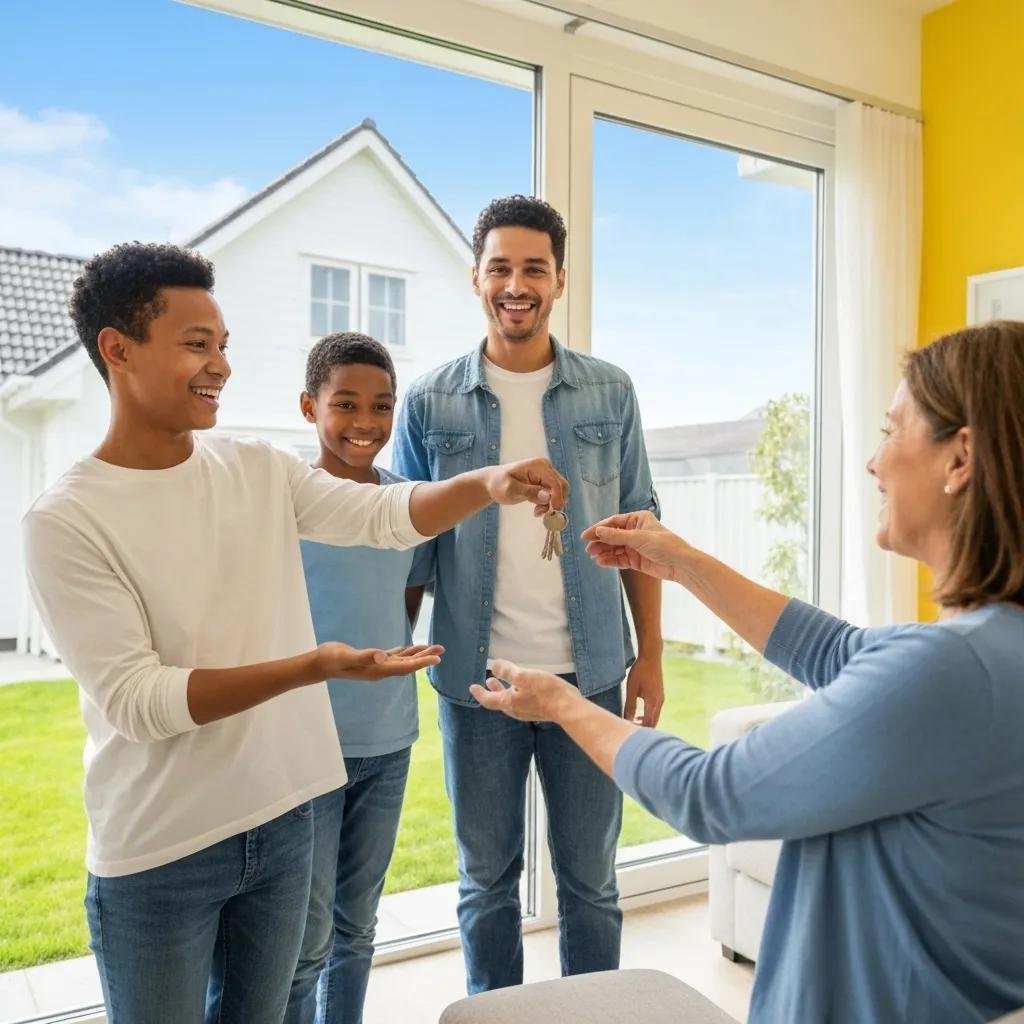 Family handing over house keys to a cash buyer, representing quick home selling
