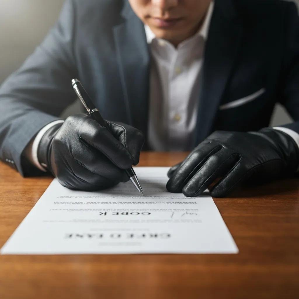 Person in a suit signing a cash offer document with a pen, wearing black gloves, in a cozy living room setting, emphasizing the quick home sale process.