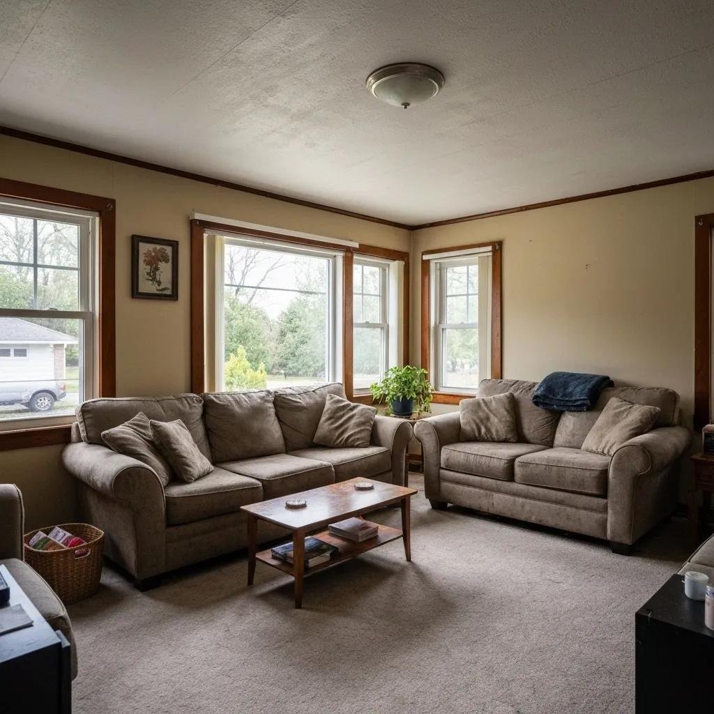 Comfortable living room in a house being sold as-is, showcasing its charm and minor imperfections