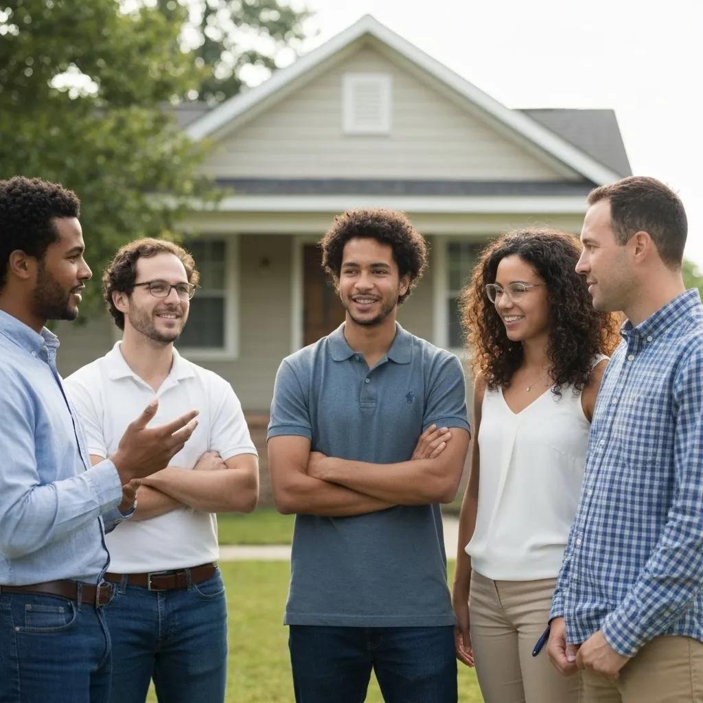 Diverse group of buyers discussing an as-is property, highlighting engagement and opportunities in real estate transactions.