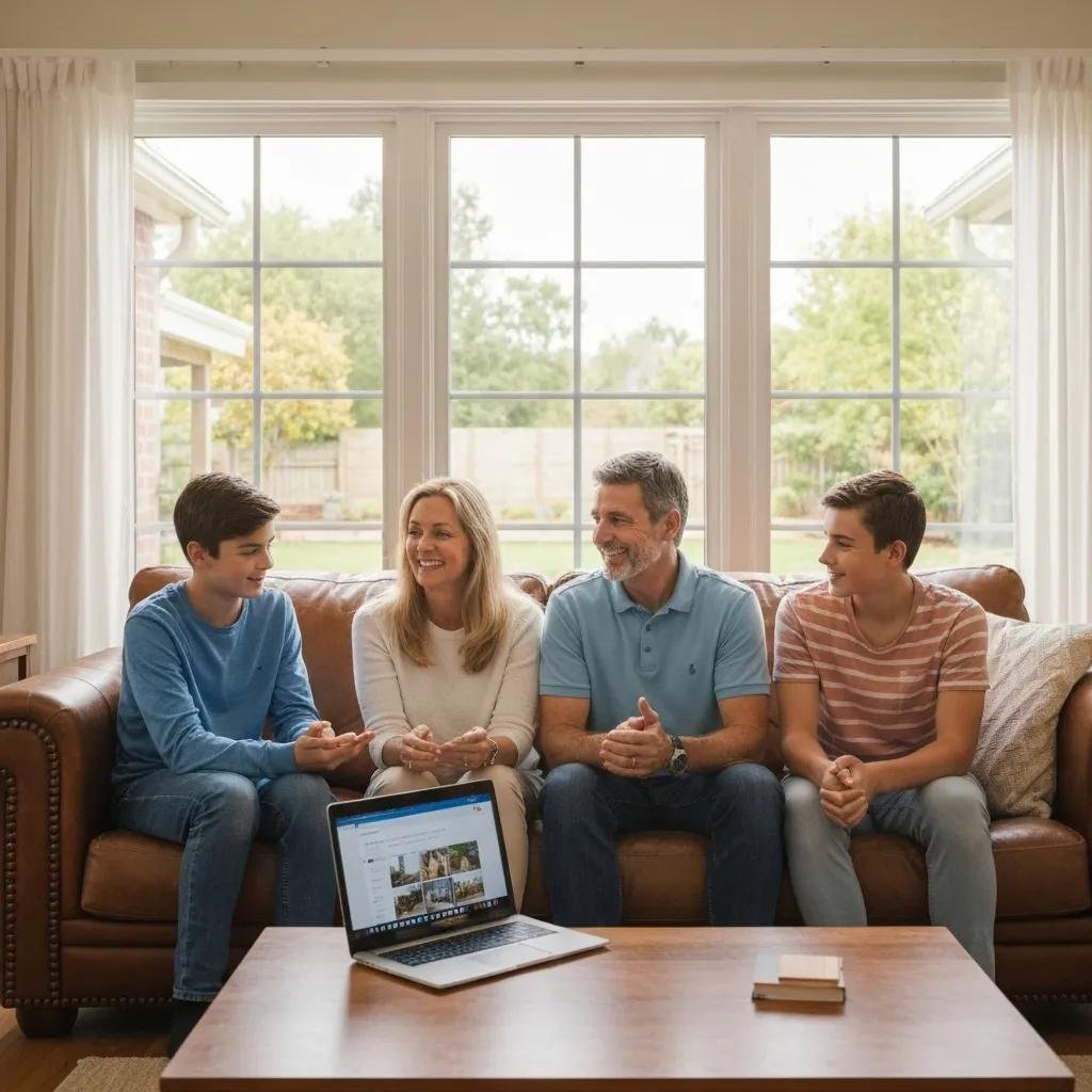 Family discussing home selling options in a cozy living room