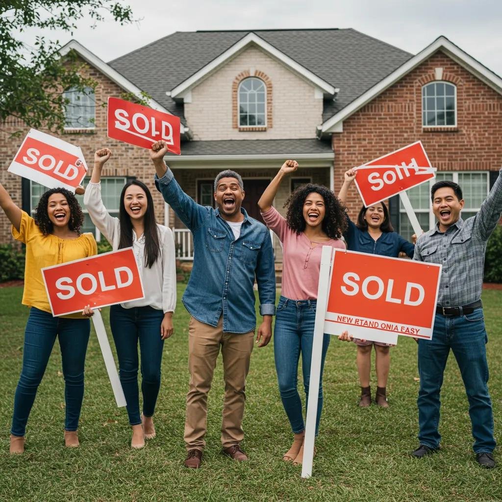 Smiling homeowners proudly standing in front of their sold houses, showcasing successful sales