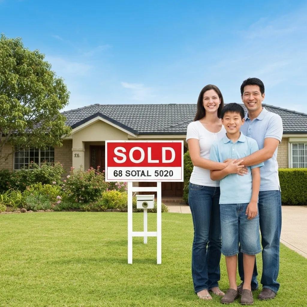 Happy family celebrating in front of their sold house, symbolizing quick cash home sales