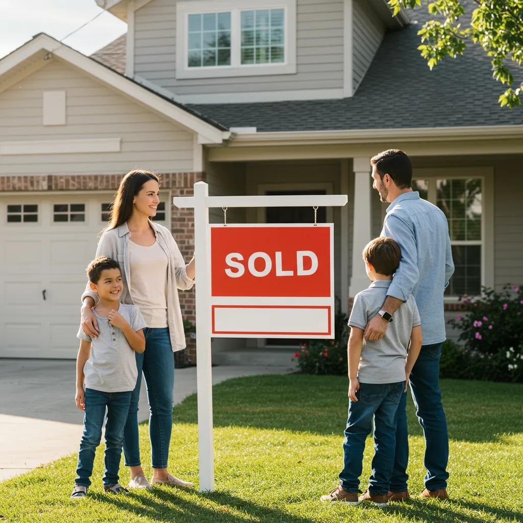 Happy family celebrating in front of their sold house, symbolizing quick home sales