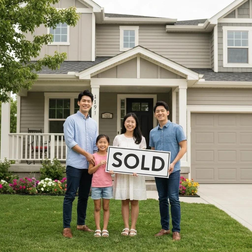 Happy family in front of their home celebrating a quick sale with a 'Sold' sign