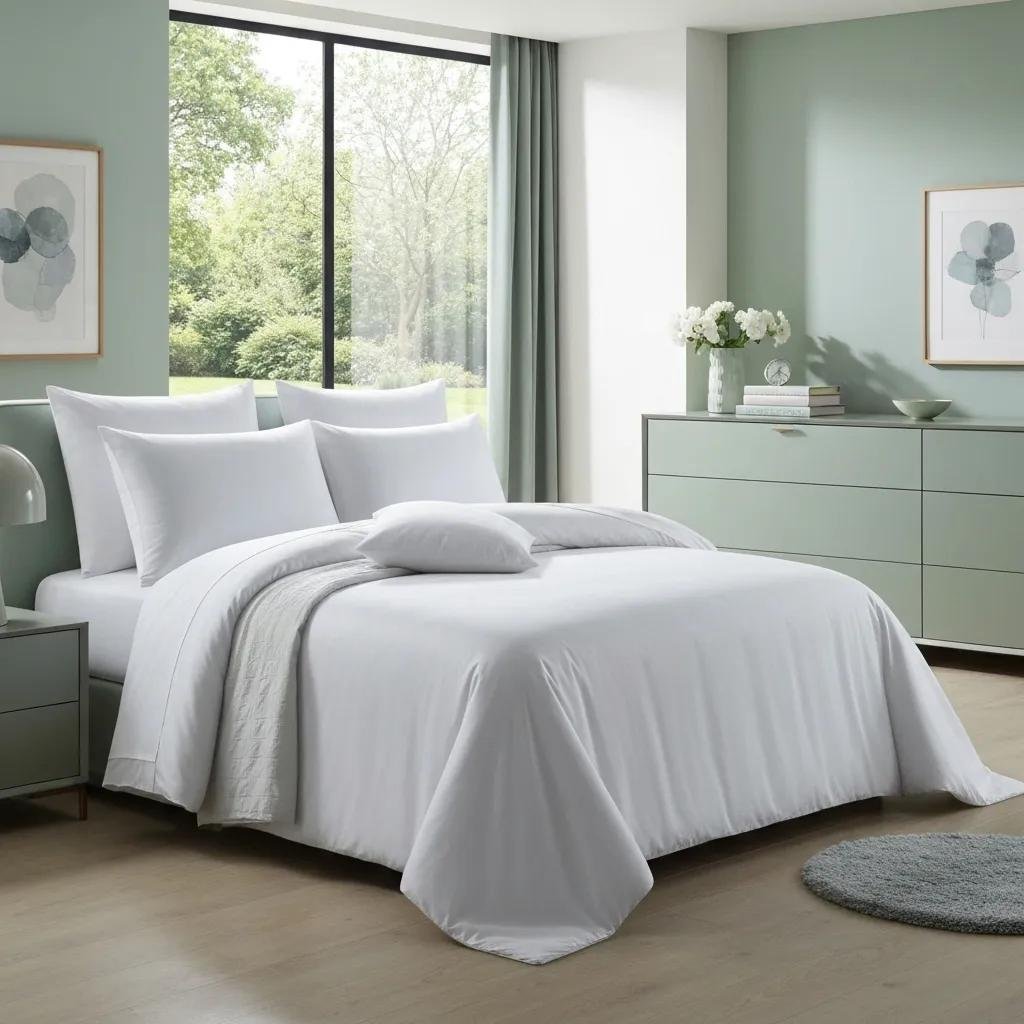 Modern bedroom featuring a neatly made bed with white linens, decorative pillows, and a light green accent wall, complemented by natural light from a large window and stylish decor elements.