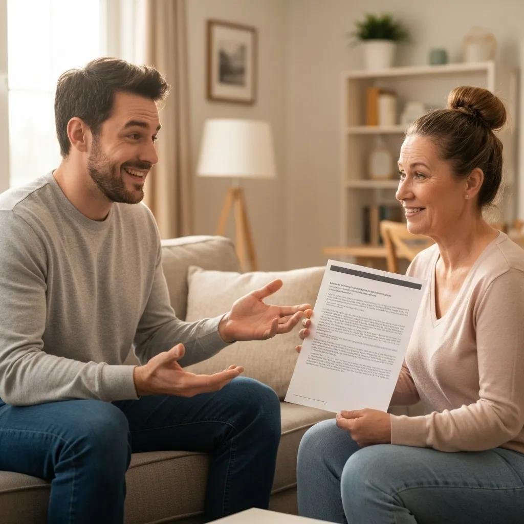Homeowner discussing an as-is sale with a cash buyer, highlighting the simplicity and benefits of the process in a comfortable living room setting.