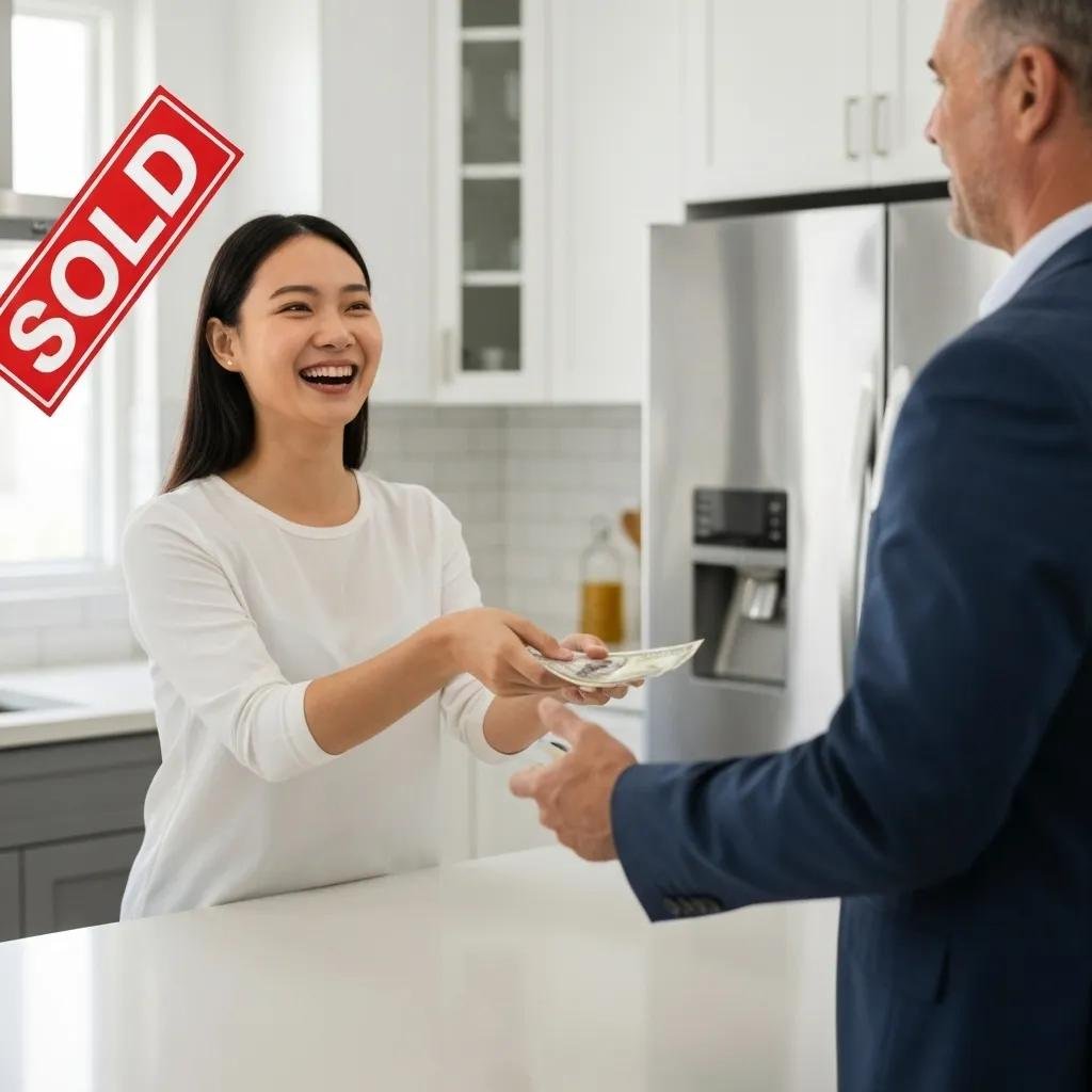 Homeowner smiling while receiving cash offer in bright kitchen, emphasizing benefits of cash transactions in real estate.