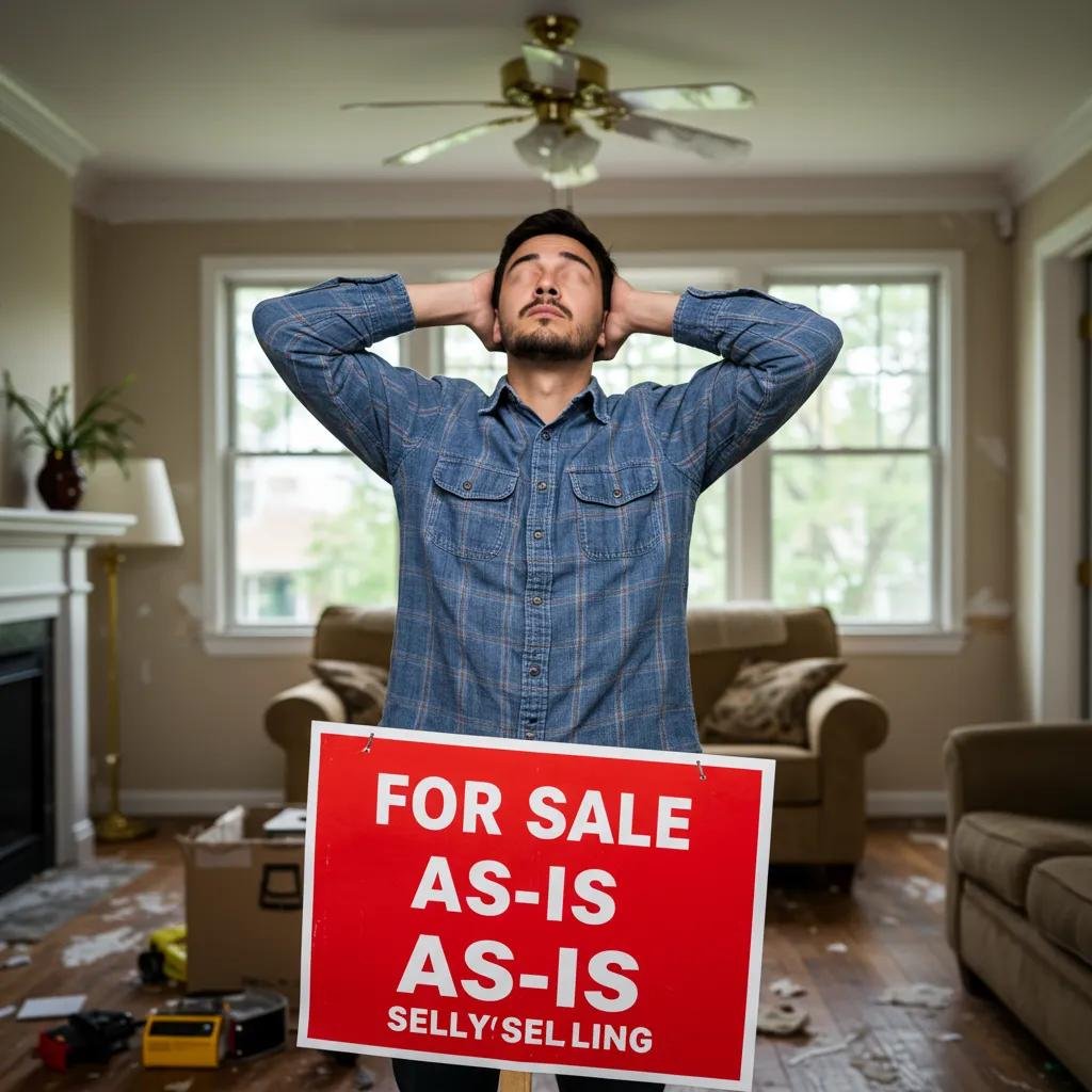 Homeowner standing in a room needing repairs, looking relieved about selling the property as-is