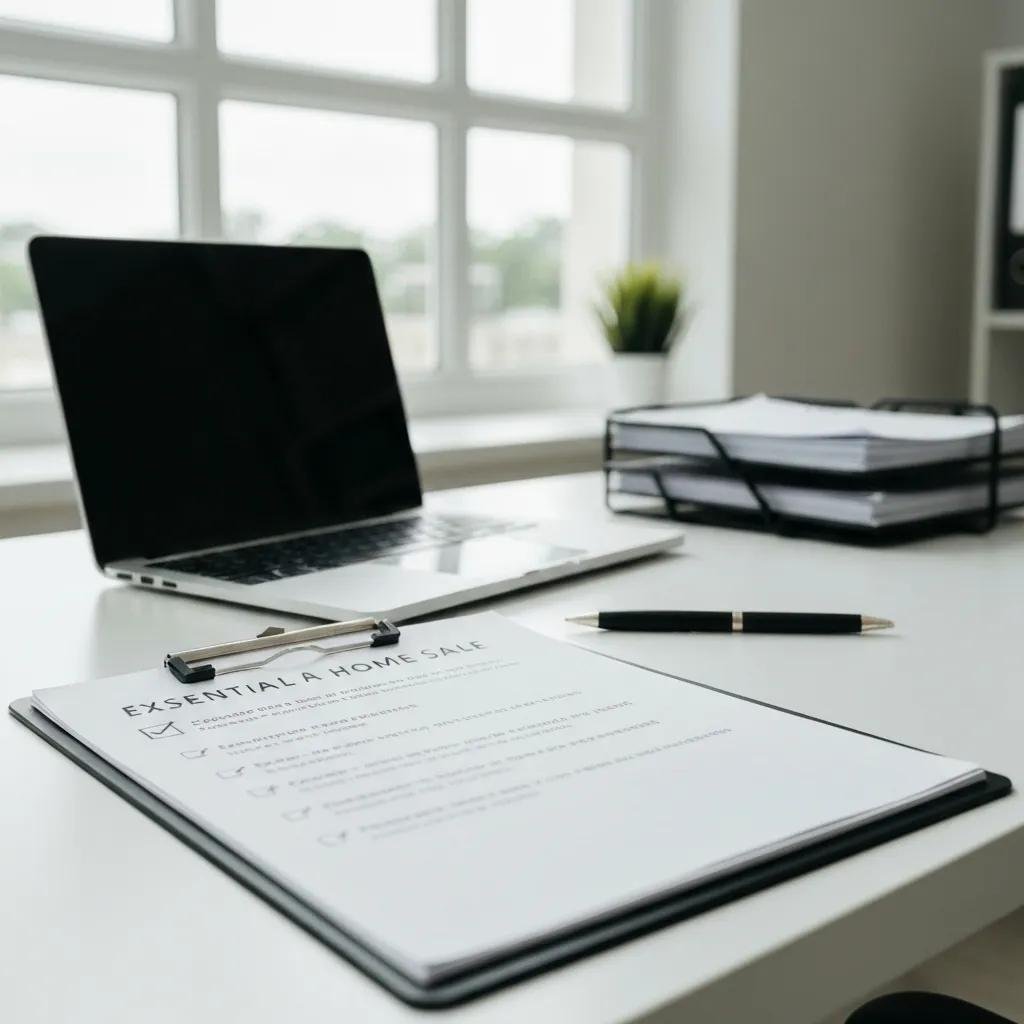Organized workspace featuring a checklist titled "Essential for a Home Sale," a laptop, and documents, emphasizing preparation for a quick home sale.
