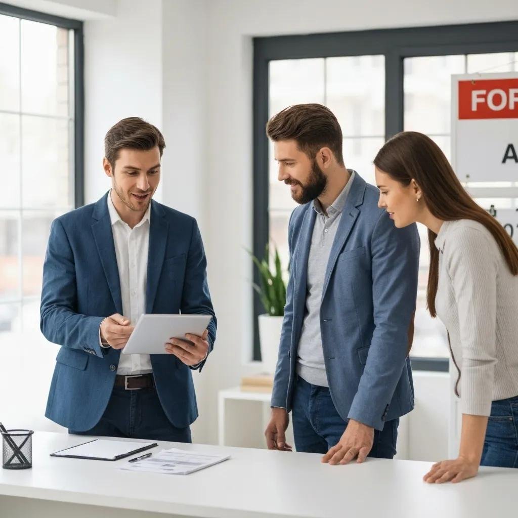 Real estate agent explaining the traditional home sale process to a couple, discussing options and strategies in a bright office setting with a "For Sale" sign visible.