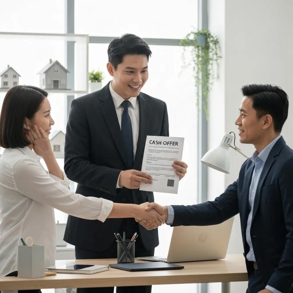 Real estate agent presenting a cash offer to a relieved homeowner, illustrating the fast and hassle-free cash home selling process.