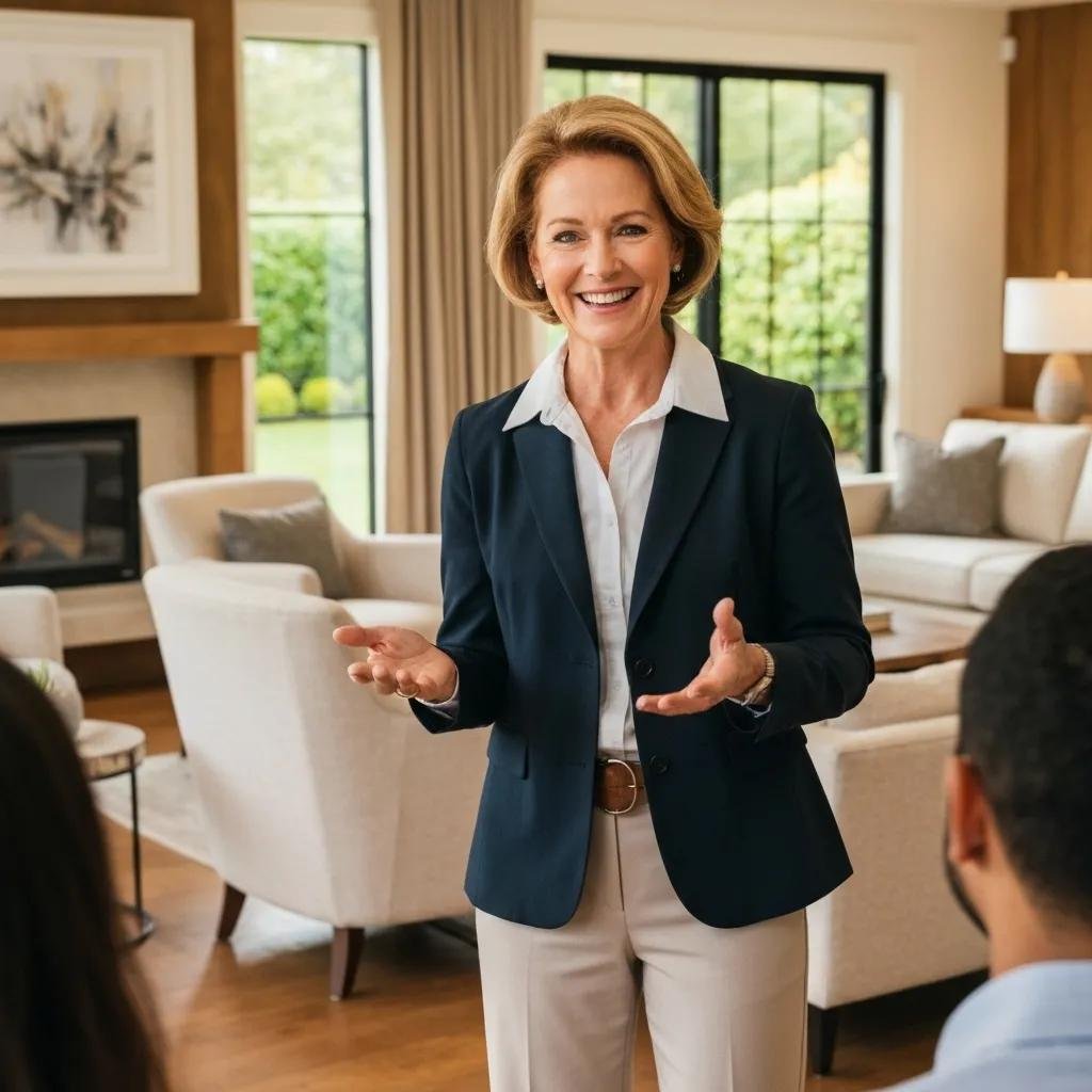 Real estate agent showcasing a staged home to potential buyers, emphasizing the traditional home sale process in a welcoming interior setting.
