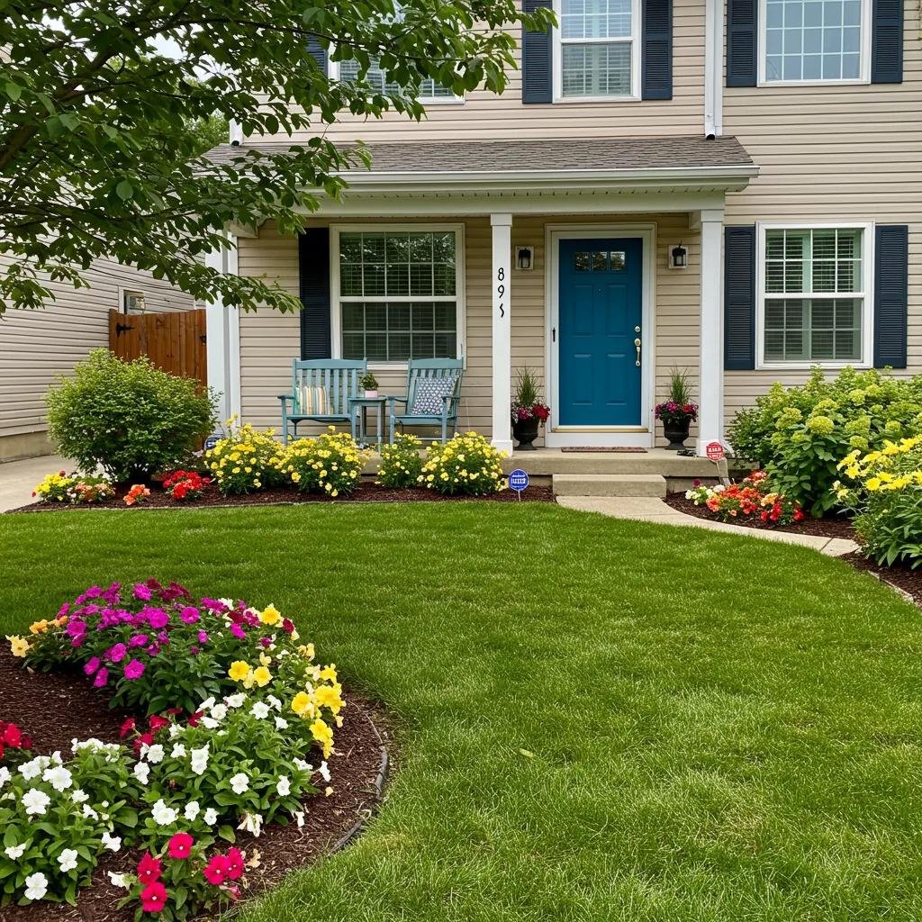Beautiful front yard with vibrant flowers and a freshly painted door enhancing curb appeal