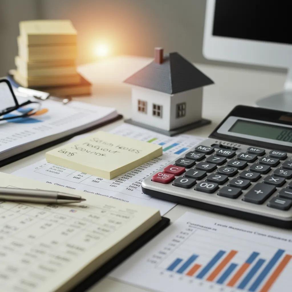 Calculator and financial notes with a house model on a desk