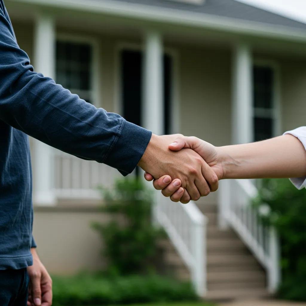 Cash buyer shaking hands with homeowner, representing fast as-is sale process for selling a house