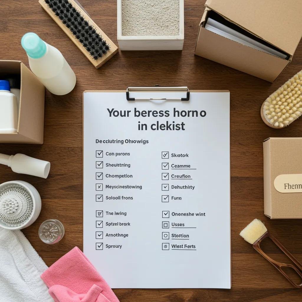 Checklist for home showing preparation, featuring cleaning supplies and decorative items