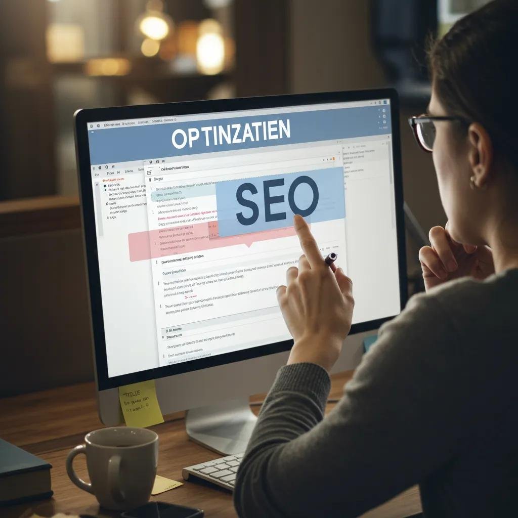 Close-up of a computer screen showing webpage optimization for SEO with highlighted elements