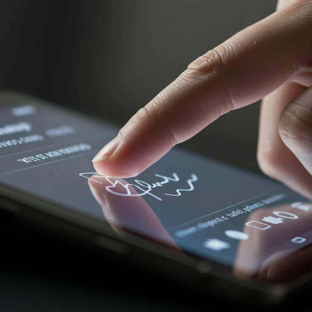 Close-up of a digital signature being applied on a touchscreen device
