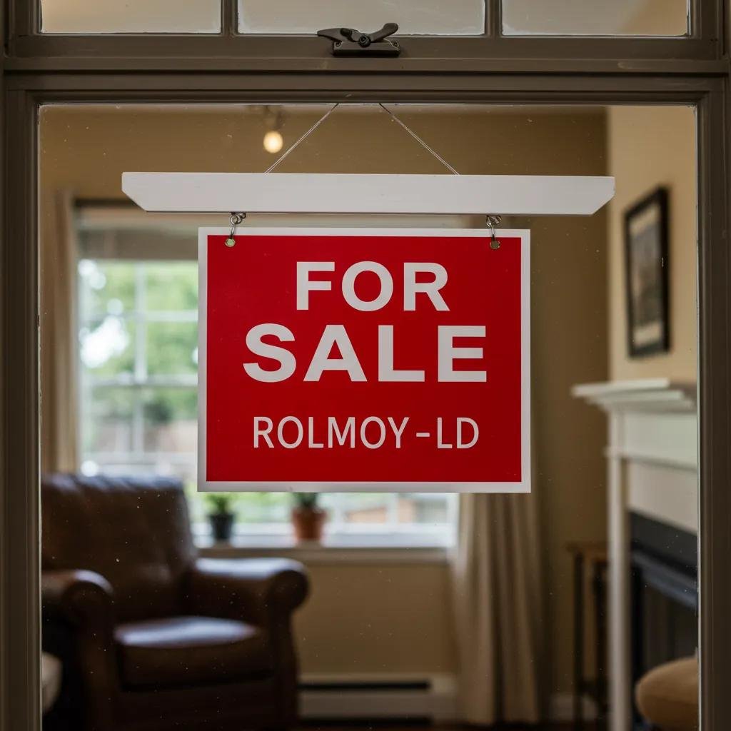 Cozy living room with a 'For Sale' sign, representing the home selling process