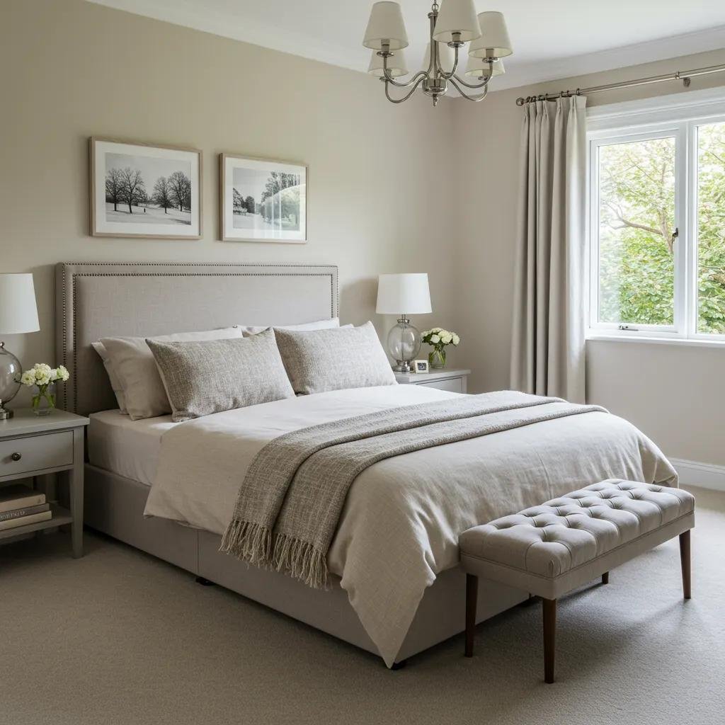 Serene, depersonalized bedroom designed to appeal to a wide range of buyers