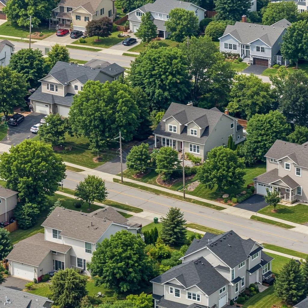 Diverse neighborhood with various home styles representing regional home price trends in 2025