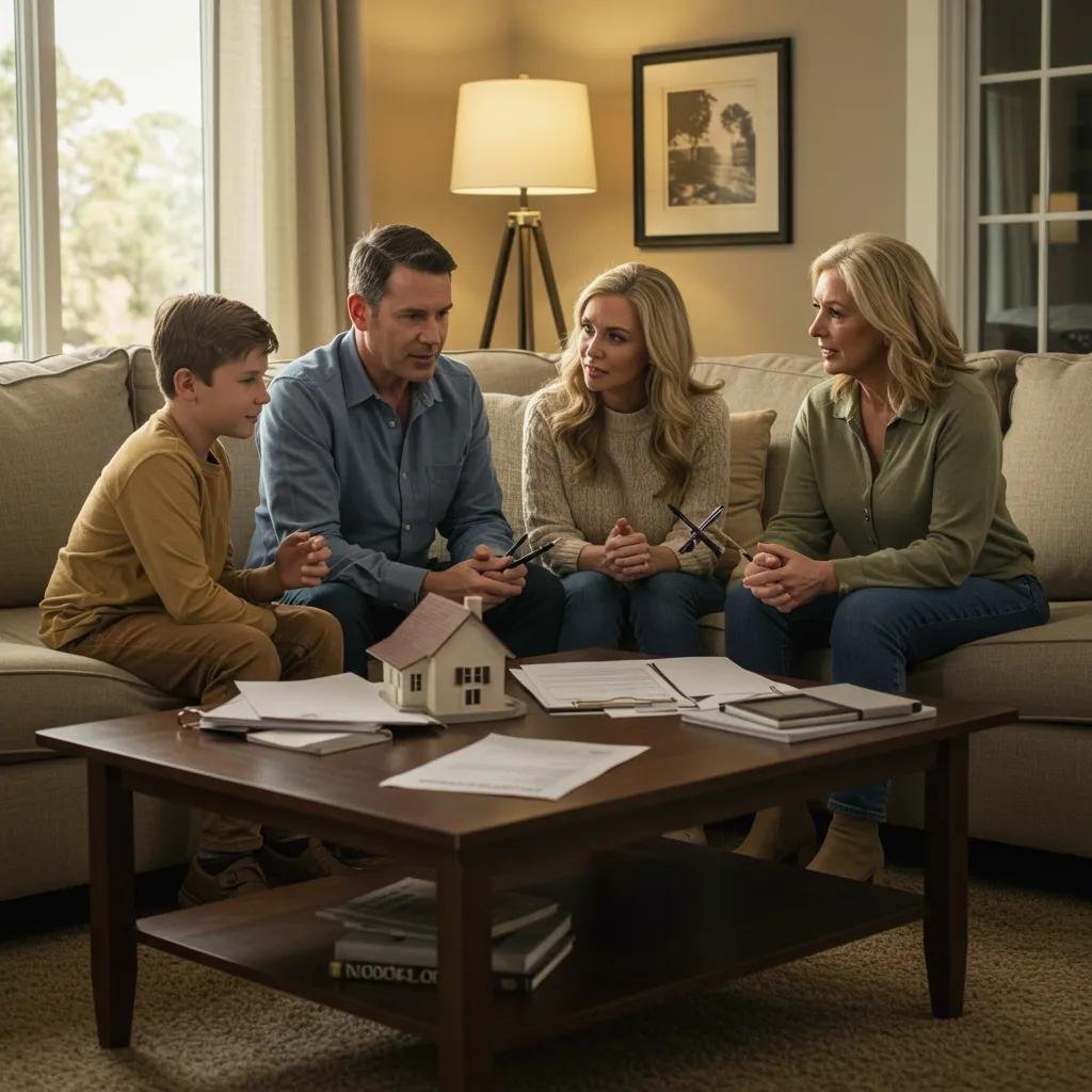 Family discussing home selling options in a cozy living room, emphasizing the US housing market forecast