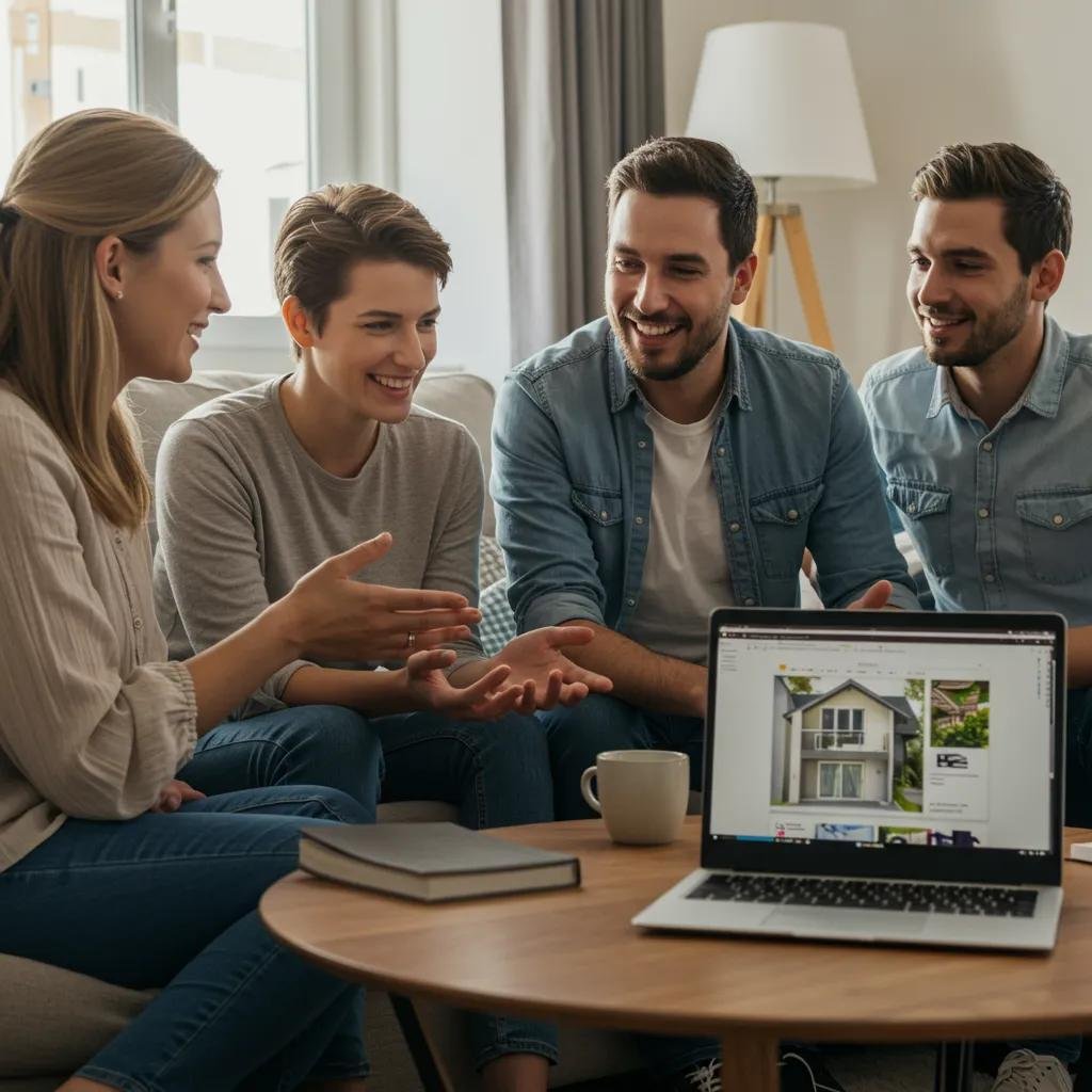 Family discussing home selling process in a cozy living room with a laptop