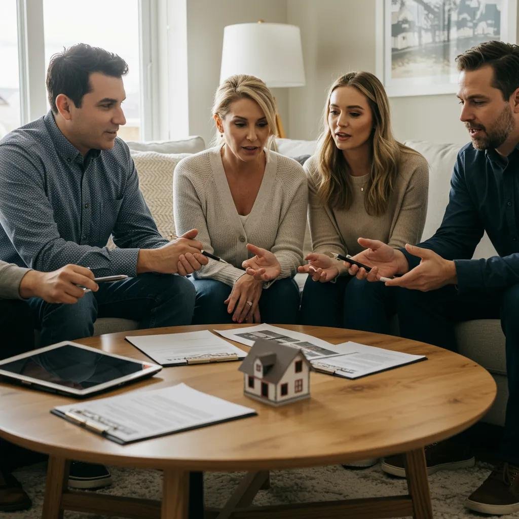 Family discussing real estate agent fees in a cozy living room