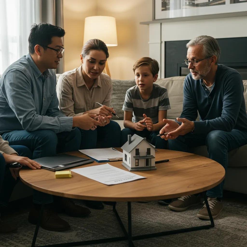 Family discussing real estate offers in a cozy living room